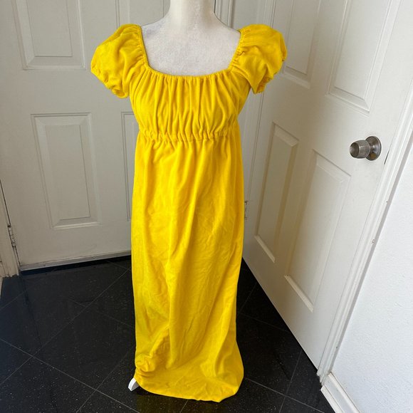 Vintage 70s Byer California Yellow Maxi Dress Empire Waist, Velvet Juliet Gown S - Picture 2 of 9